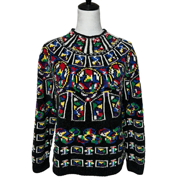 Eagles Eye Sweater Womens Large Black Blue Red Crew Neck Colorful Geometric Boho - Picture 1 of 9